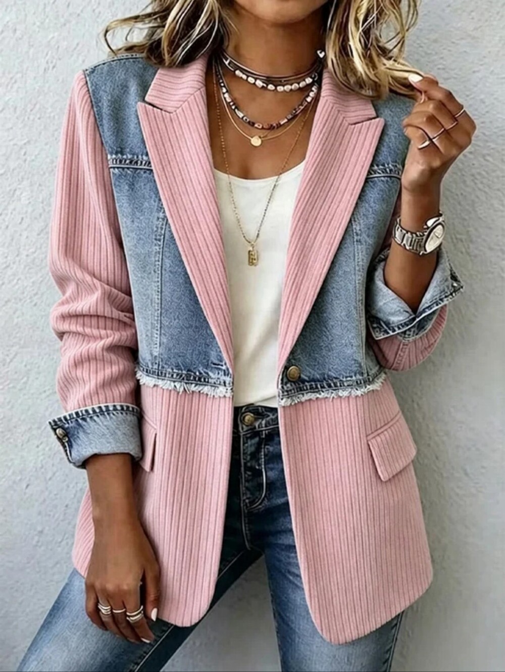 Light Blue Mixed-Media Denim Blazer Jacket - Picture 6 of 9